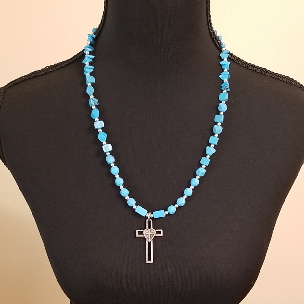 Handmade Turquoise Beaded Necklace Cross Pendant Religious Statement Jewelry